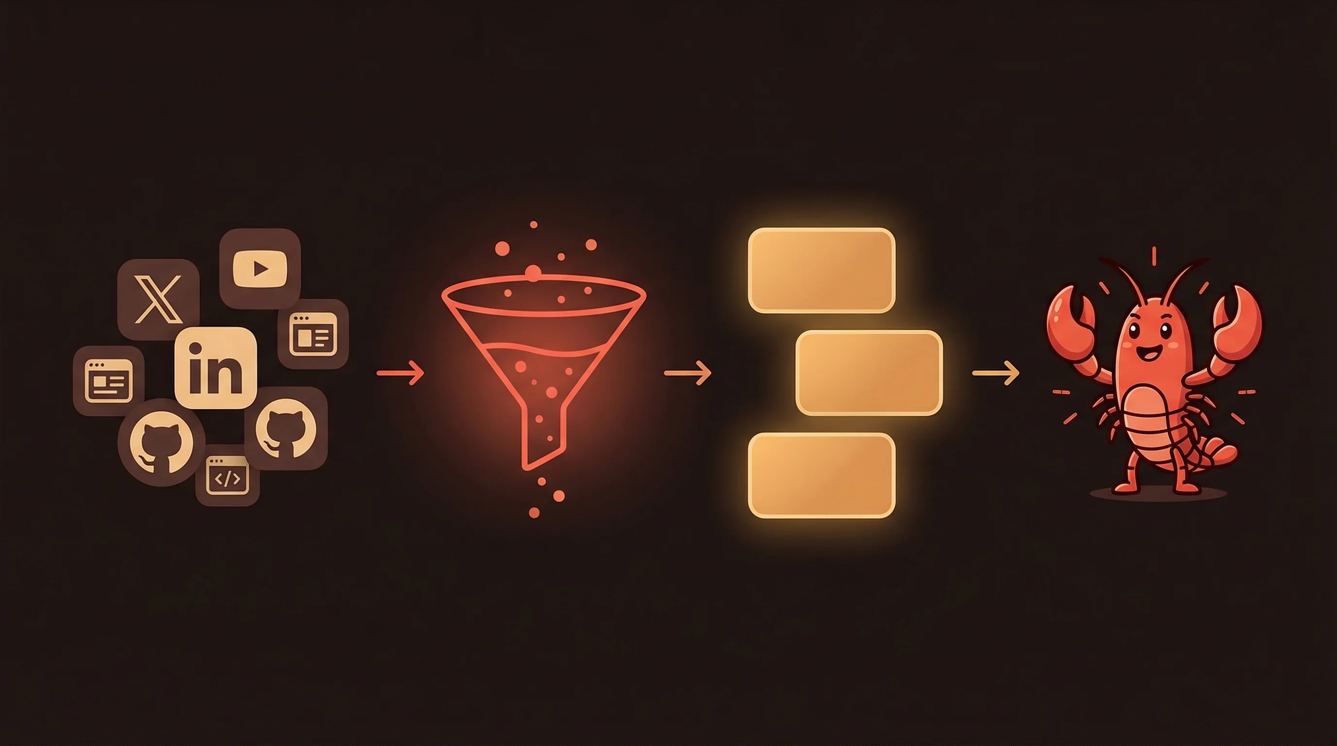 Sources are scanned, AI filters for actionability, improvement vitamins are delivered to your agent